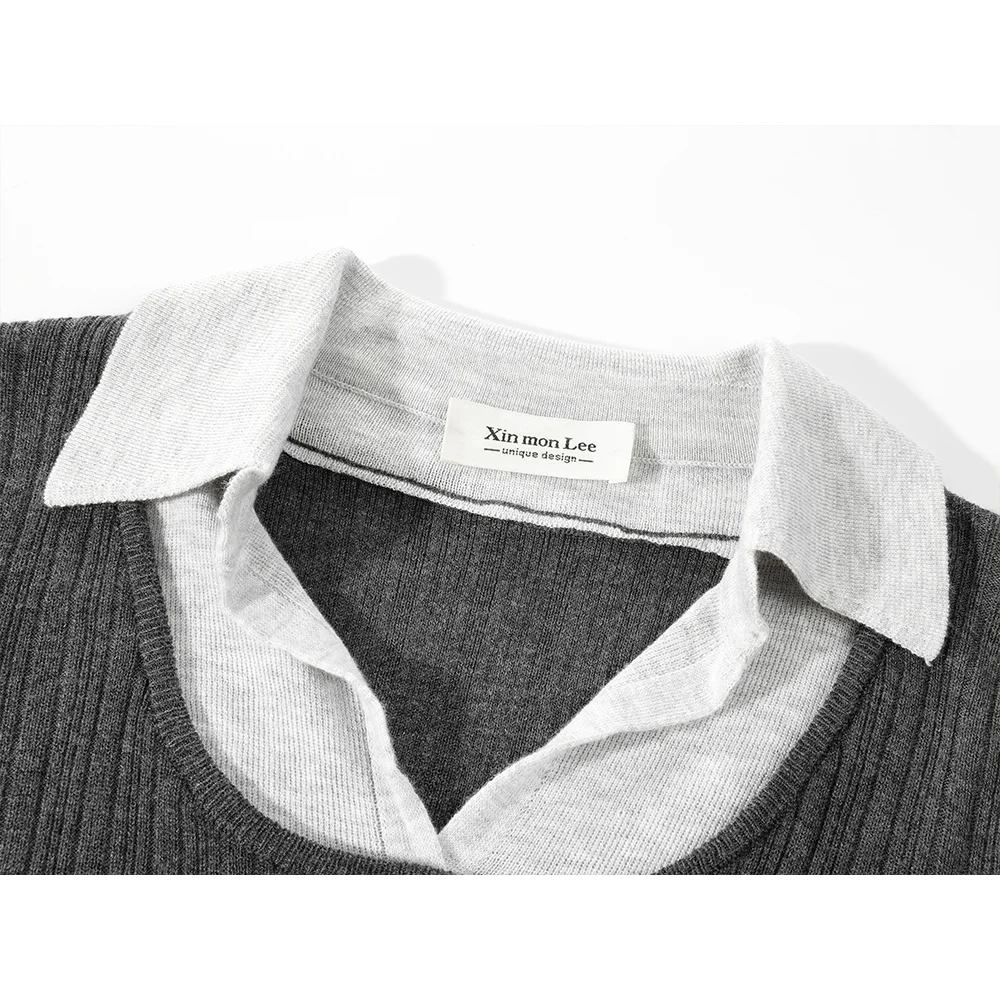딥 그레이 빈티지 플래드 니트 셔츠 슬림핏 스플라이스 페이크 투피스 스타일 숏 기장 V넥 긴팔 여성 패션