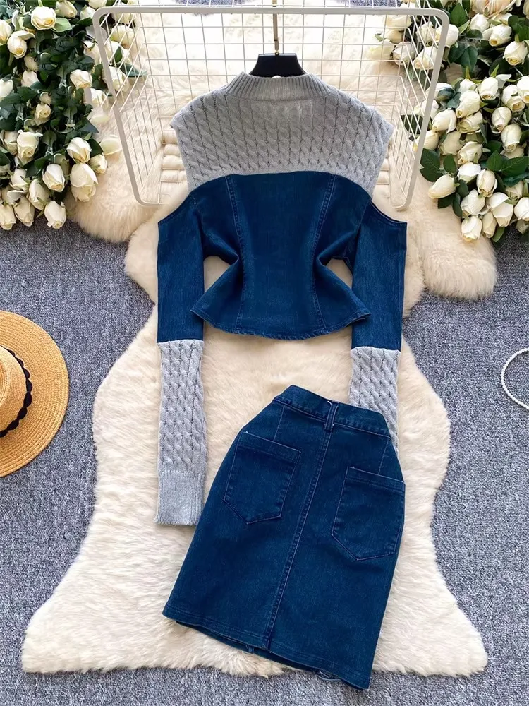 Denim Knit Patchwork 2Pcs Women Off Shoulder Top+Slit Bodycon Skirt Drawstring Design Edgy Designer-Inspired Sets костюм