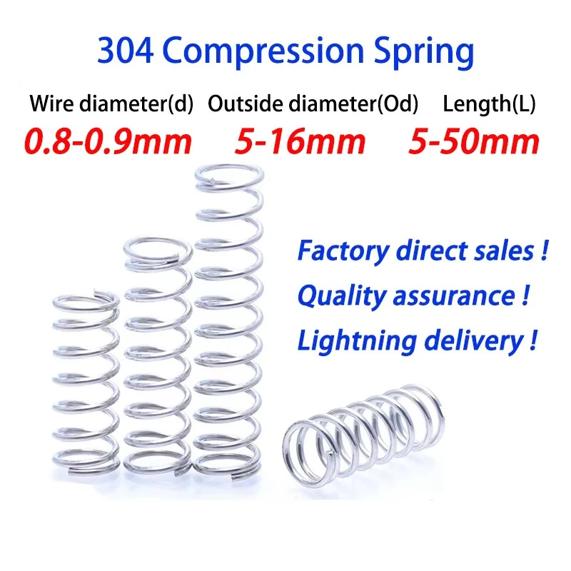 

10Pcs Wire Diameter 0.8mm 0.9mm 304 Stainless Steel Micro Small Compression Spring OD 5mm to16mm L：5-50mm Support customization