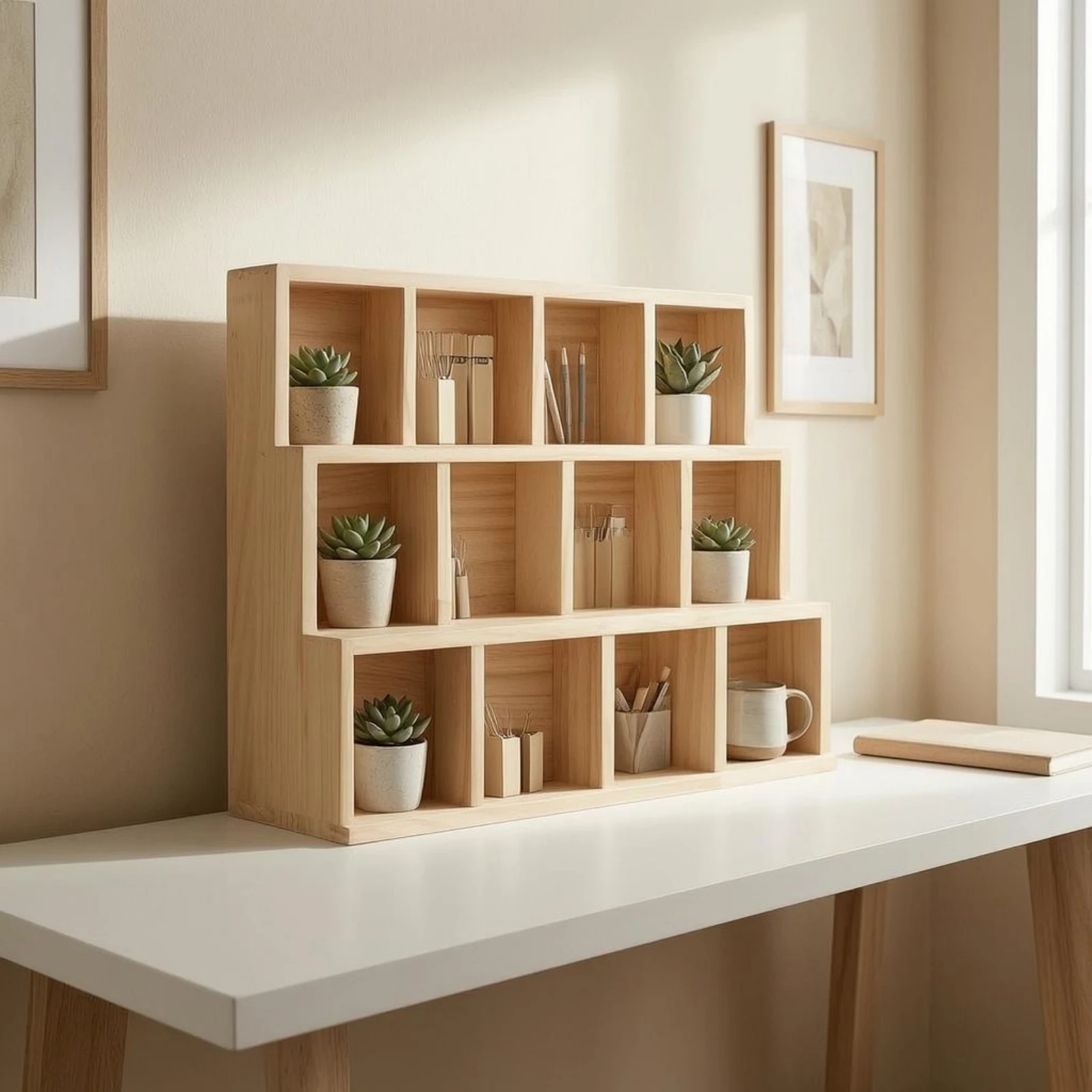 Pine Wood Desktop Storage Cabinet Stepped Design Scratch-resistant Organizer for Workspace Clutter Control
