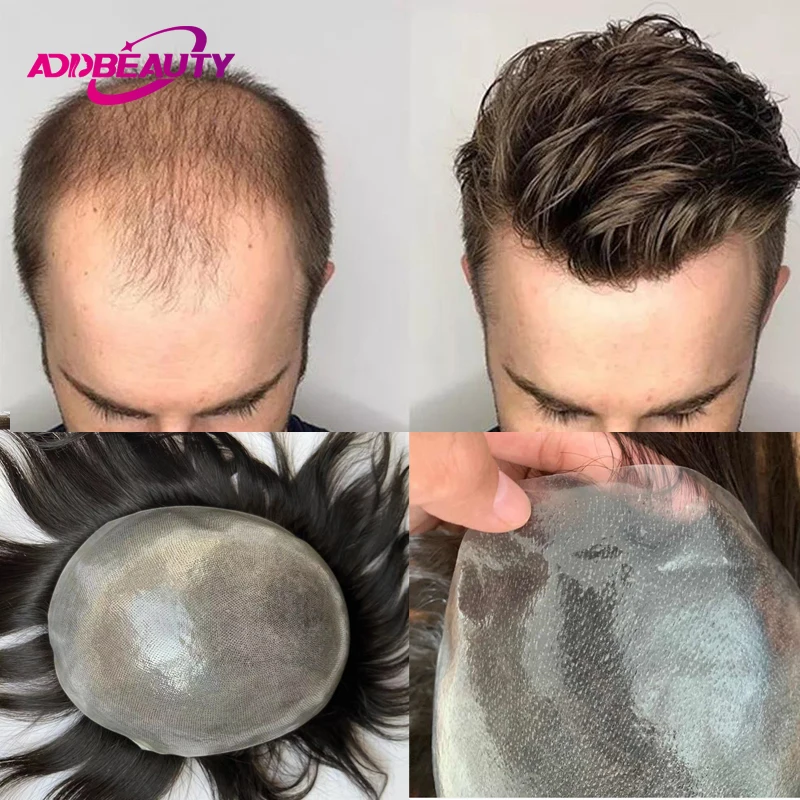 Vloop Hairline Thin Skin Indian Human Hairpiece Full PU 0.04-0.06mm Toupee Men Natural Human Hair Wig Hair System Replacement