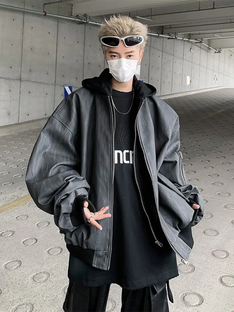 

Cool Men's Leather Jaet Hooded Baseball Sle Casual Loose Fit Autumn Faion Retro American Sle Zipper Decorated PU Coat