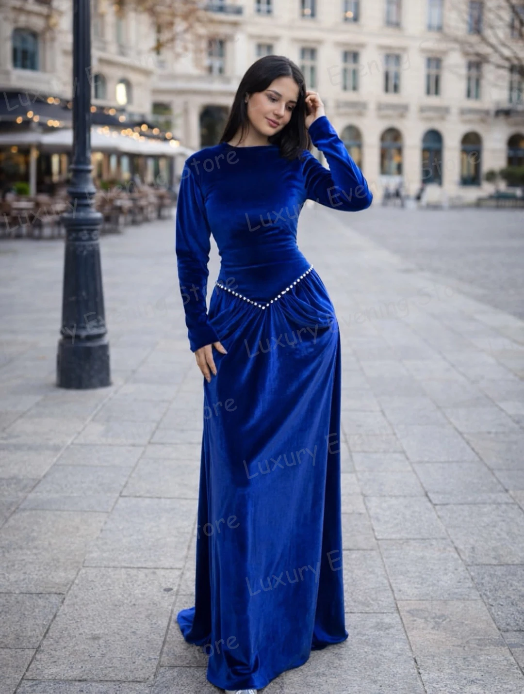 Simple Elegant Blue Evening Dresses Women's Mermaid Formal Customized Prom Gowns Long Sleeve Party Vestidos De Novia شارون سعيد