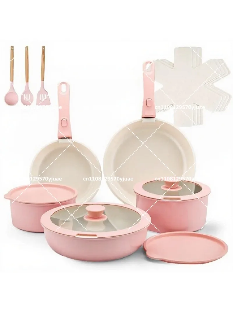 Non-stick Frying Pan Set with Removable Handle, Space Saving Cookware Pots for Kitchen, Flat Bottom Frying Pan and Soup Pot