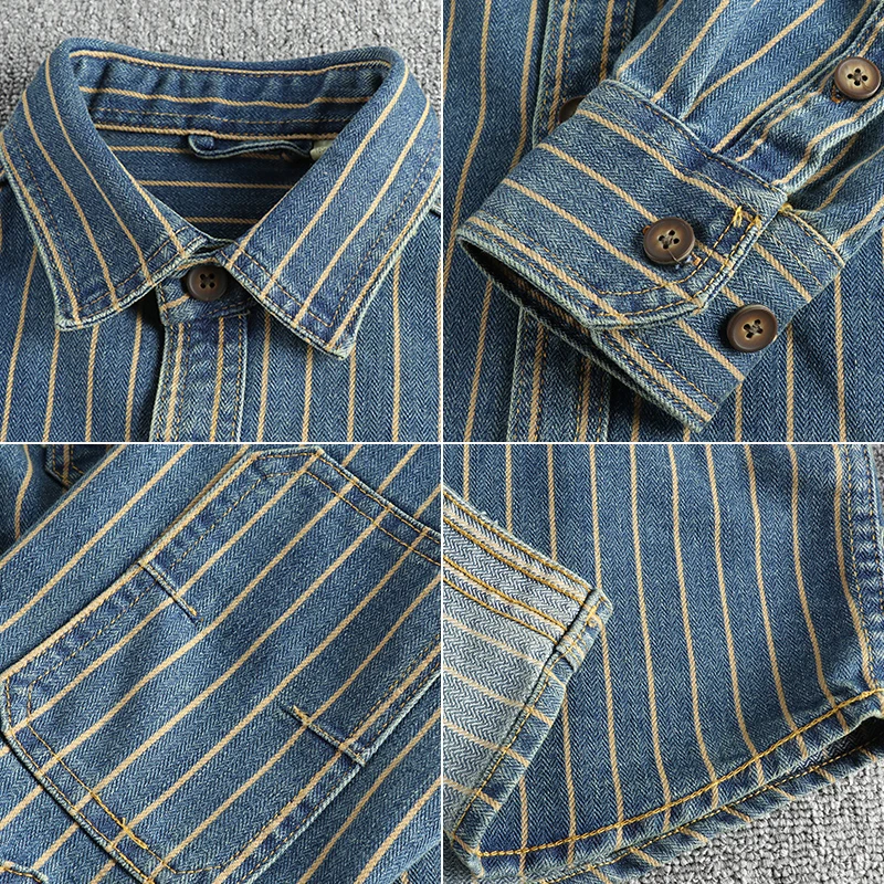 Spring New American Retro Heavyweight Denim Cargo Striped Shirt Men\'s Fashion 100% Cotton Washed Old Casual Blouses Thin Jacket