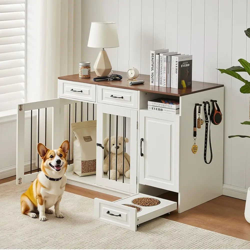 

Wooden Dog Kennel Furniture with TV Stand, Storage, Cabinet, Feeder, and Hooks for Small to Large Dogs