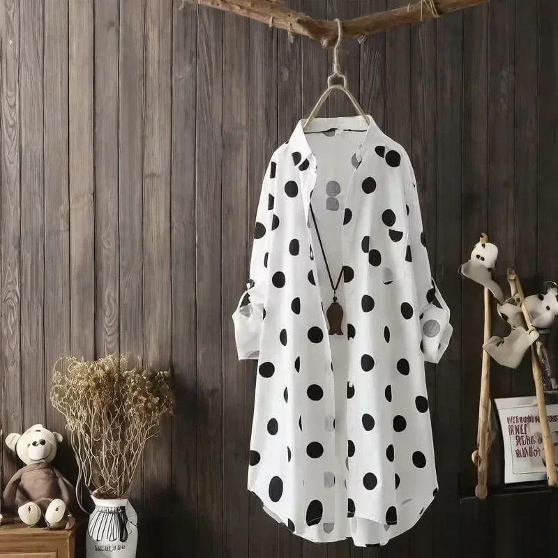 Plus Size Polka Dot Long Sleeve Shirt Classic Button Front Design Stylish Women's Comfortable Casual Wear New Style 4