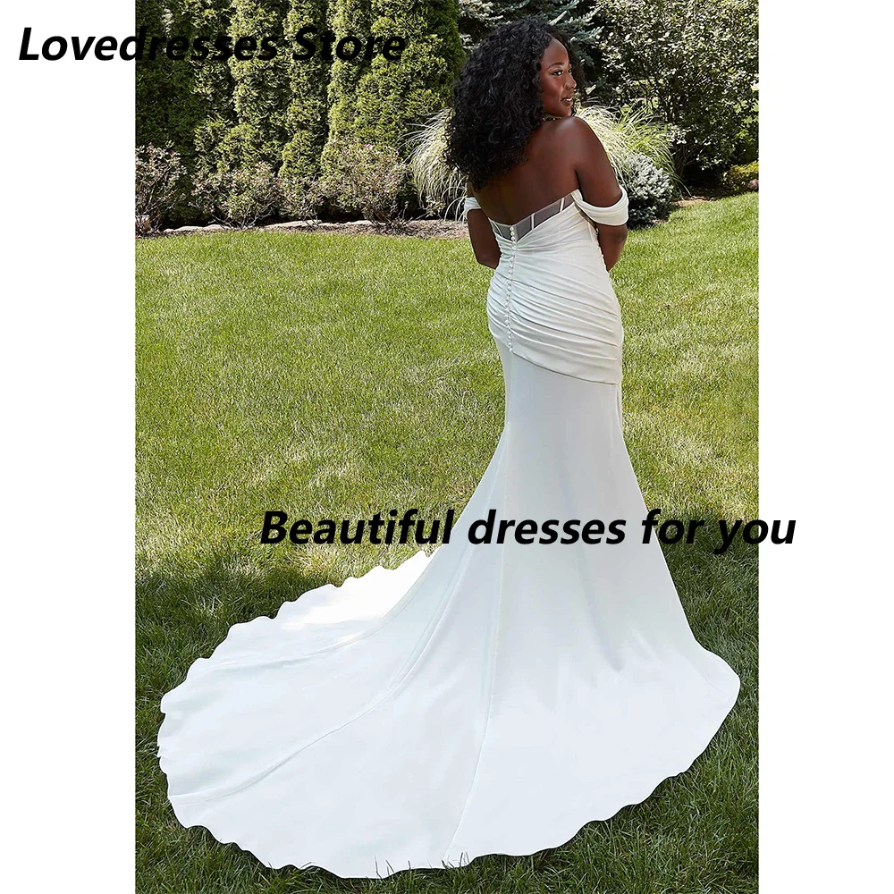 Cheap Wedding Dress Customized Off Shoulder A Line Satin Side Slit  Sweep Train Bridal Gown Sweetheart Backless Bride Dresses