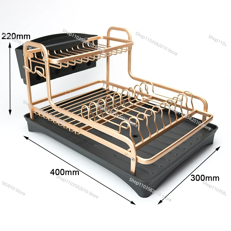 2 Tier Rose Gold Aluminum Kitchen Dish Drying Rack Sink Dish Drainer Rack With Utensil Holder