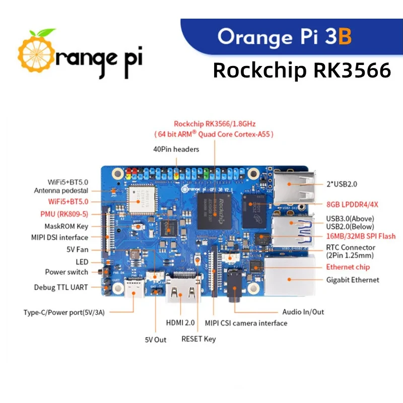 Orange Pi 3B 8GB RAM Rockchip RK3566 1.8GHz Chip WiFi 5 BT 5.0 Gigabit Ethernet Support EMMC PCIe 2.0 NVME Optional Metal Case