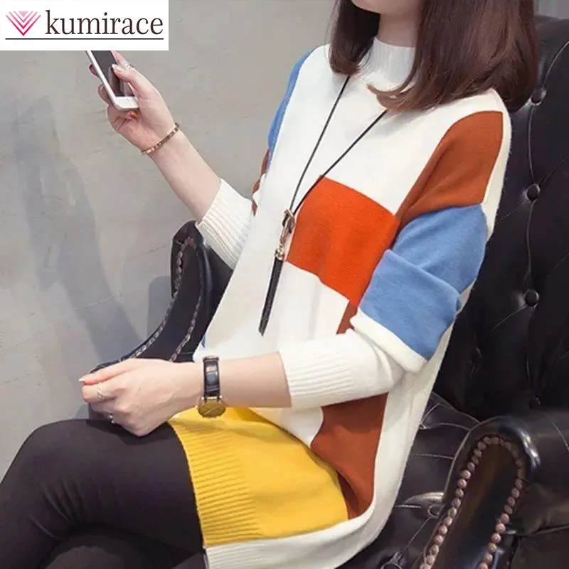 Korean Version Knitted Sweater for Women in Autumn and Winter 2022 Color Matching Medium and Long Sweater with Half High Collar