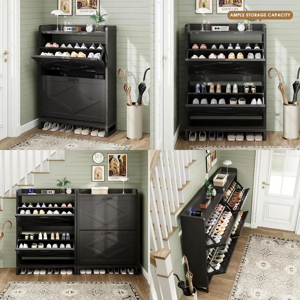 

Space-Saving Shoe Storage Cabinet with Flip Drawers and Adjustable Shelf, Holds Over 12 Pairs, Narrow Design for Compact Spaces