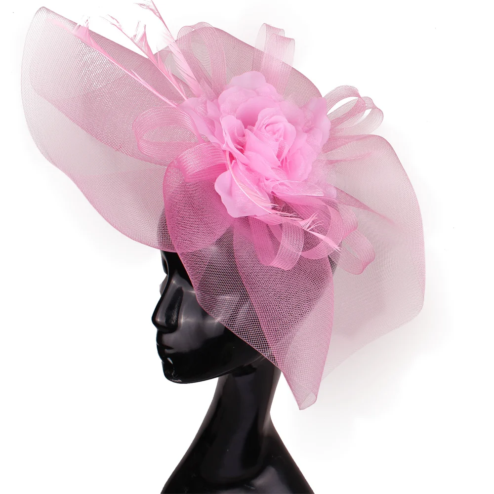 

Elegant Gril Pink Flower Feather Wedding Fascinator Races Hats For Lady Formal Dress Hat Black Big Loop Fascinator Hat Mesh Veil