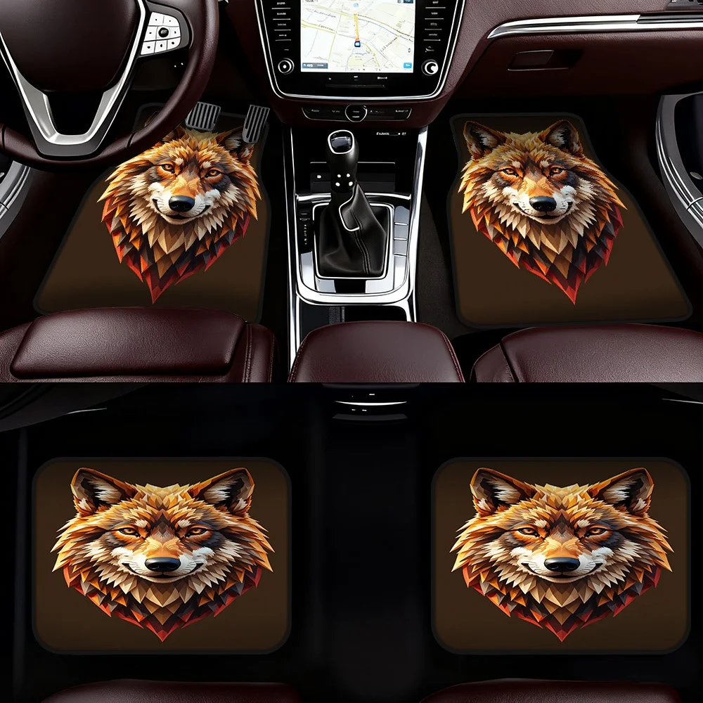 2D Flat Printing, 4pcs Car Foot Mats With Geometric Wolf Head Pattern, Universal Fit For Trucks, SUVs, And Sedans, Durable, Easy