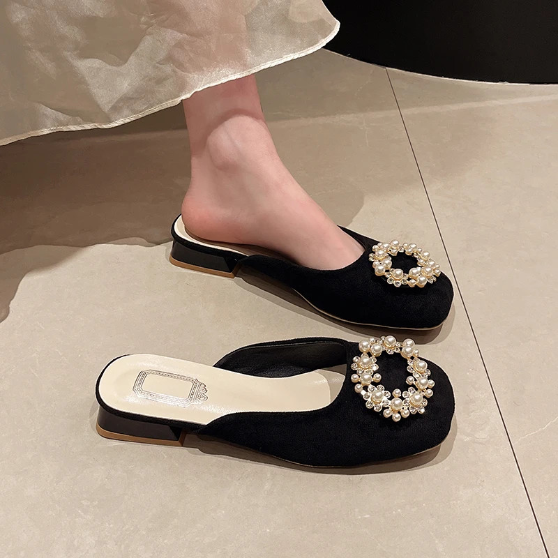 Pearl Mules Shoes For Women Slip On Square Heel Slippers Women Pointed Toe  New Luxury Designer Slides Elegant Office Shoes