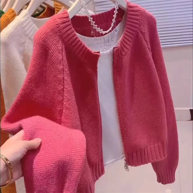 Rose Red Short Sweater Jacket For Women\'s Autumn 2024 New Korean Version Loose And Lazy Outerwear Zipper Knitted Cardigan Winter