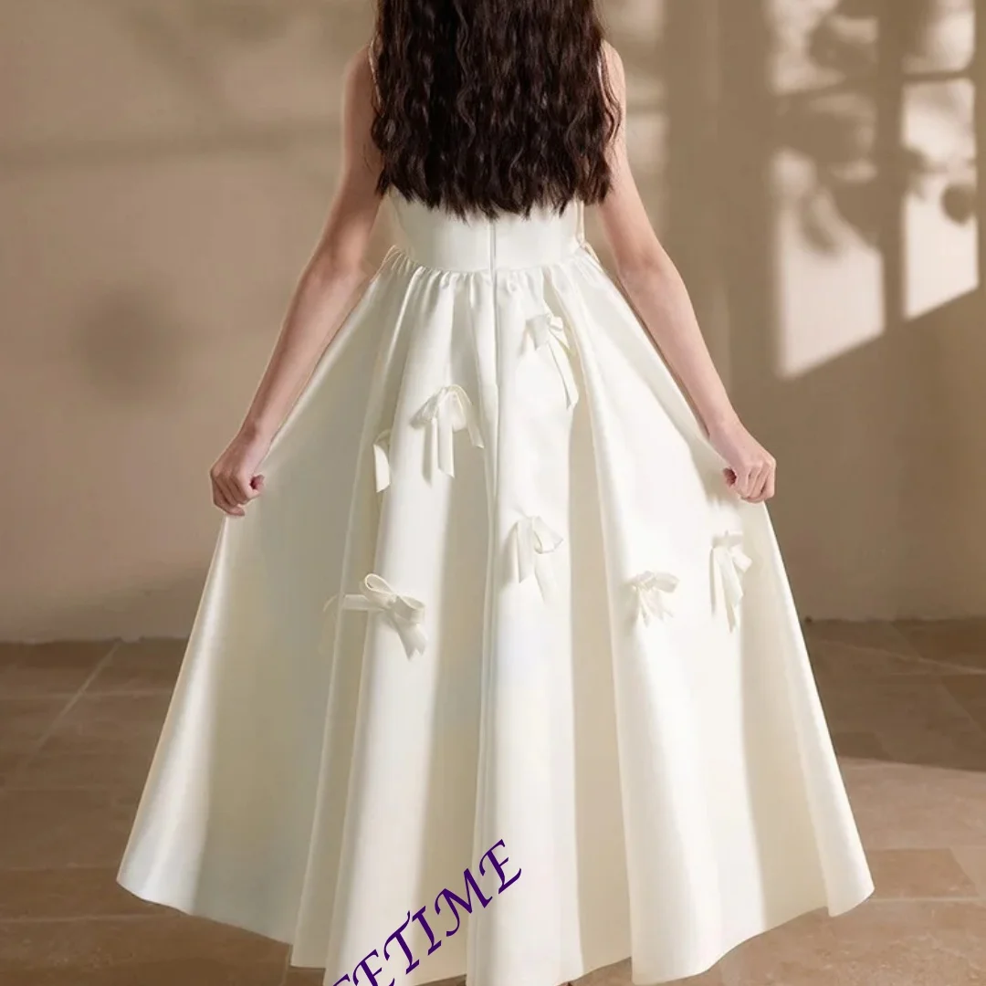 Customized White Satin Princess Dress for Girls - Birthday Party Pageant Host Piano Performance Evening Gown for Flower Girl Wed