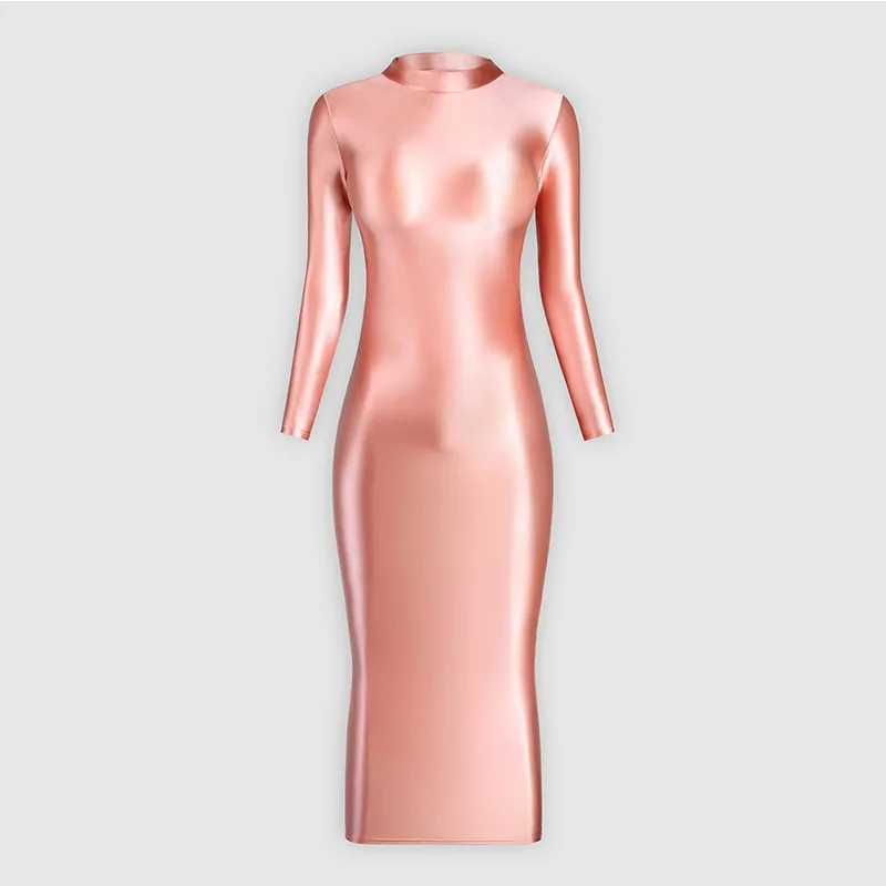 فستان مثير لامع ولامع عالي الخصر مع قماش مرن وناعم، تنورة من قطعة واحدة، بلوزة طويلة، فستان طويل