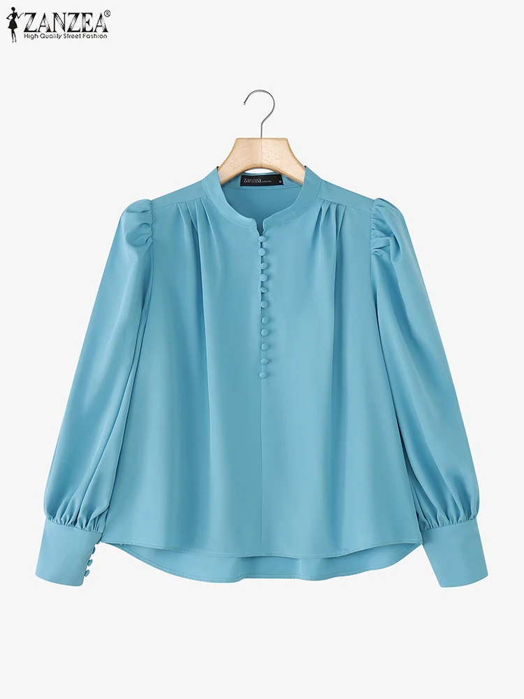 ZANZEA Elegant Shirts Stylish Women Long Lantern Sleeve Blouse 2025 Autumn Stand Collar Office Lady Tops Casual Solid OL Blusas