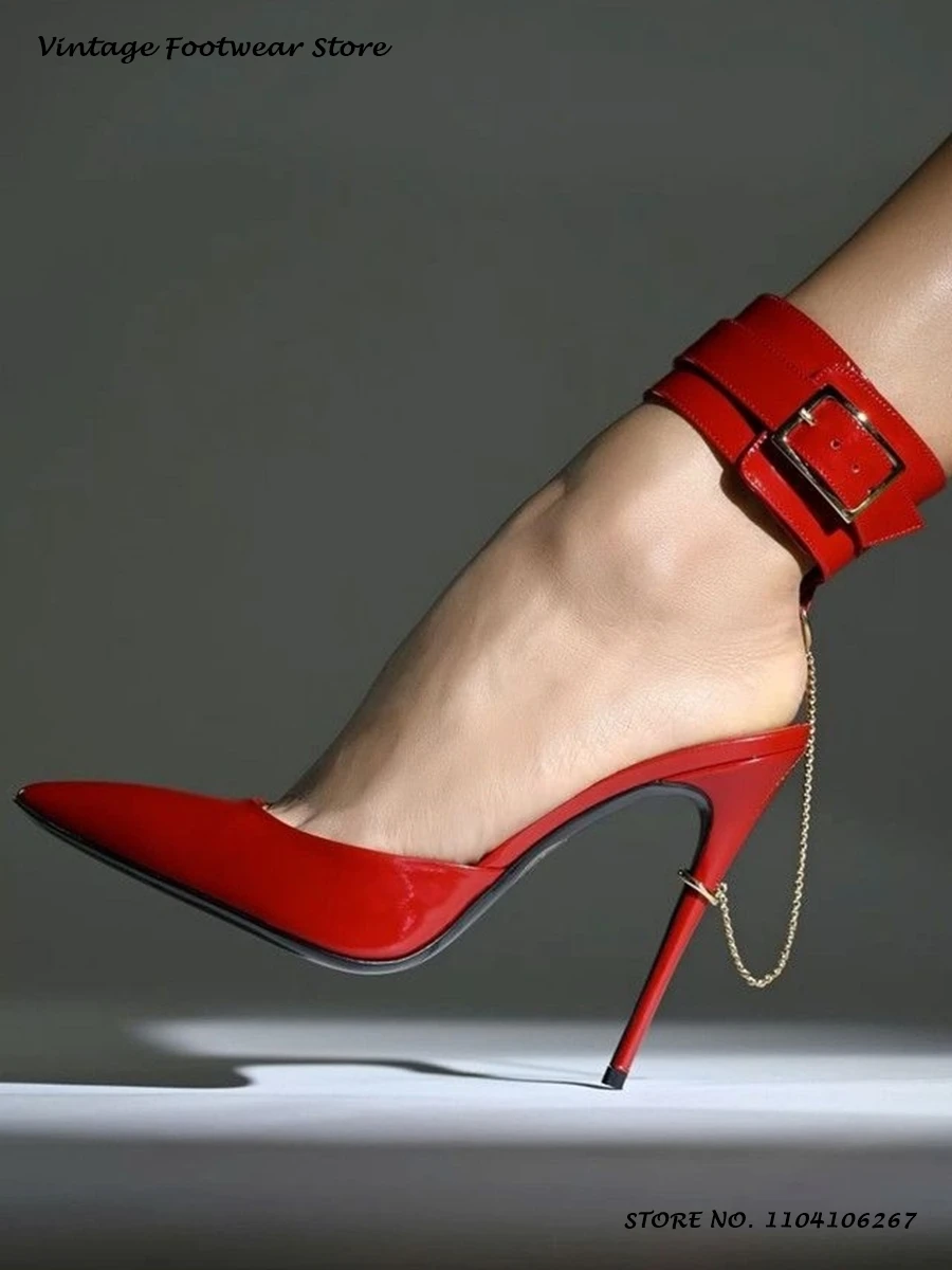 Patent Leather Stiletto Pumps with Chain Sexy Pointed Toe Thin Heels Party Dress Shoes Women's Buckle Strap Plus Size High Heels view 4
