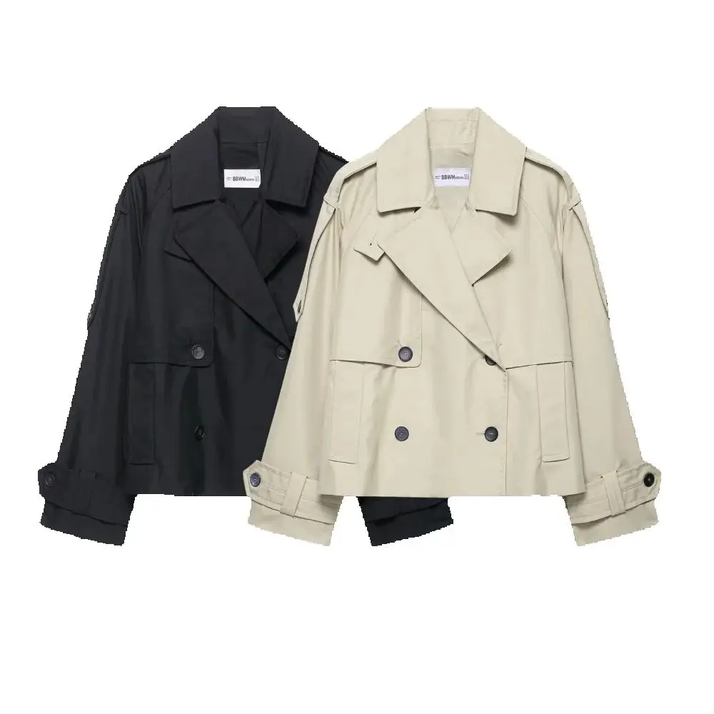 

women's loose fitting top with collar long sleeved double breasted button pocket autumn and winter new fashion short win