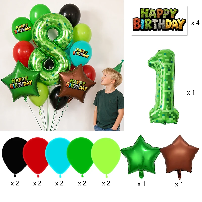 Game themed party balloon set, pixel green grid square balloons, birthday party balloons, black green brown balloon decoration