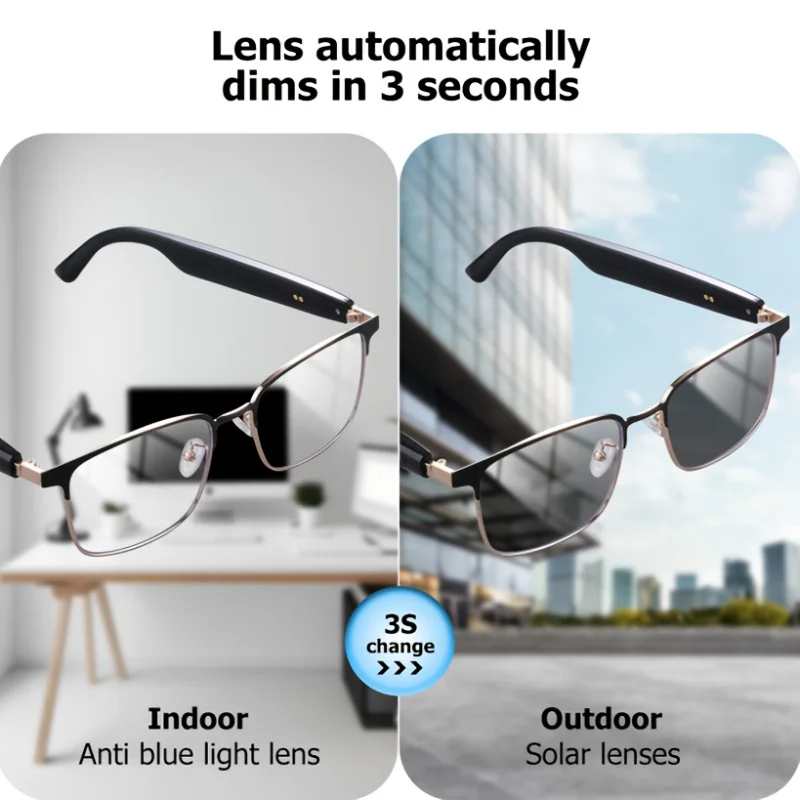 New smart glasses with auto-sensitive lenses, built-in microphone and speaker for sports, driving, fishing and everyday wear.