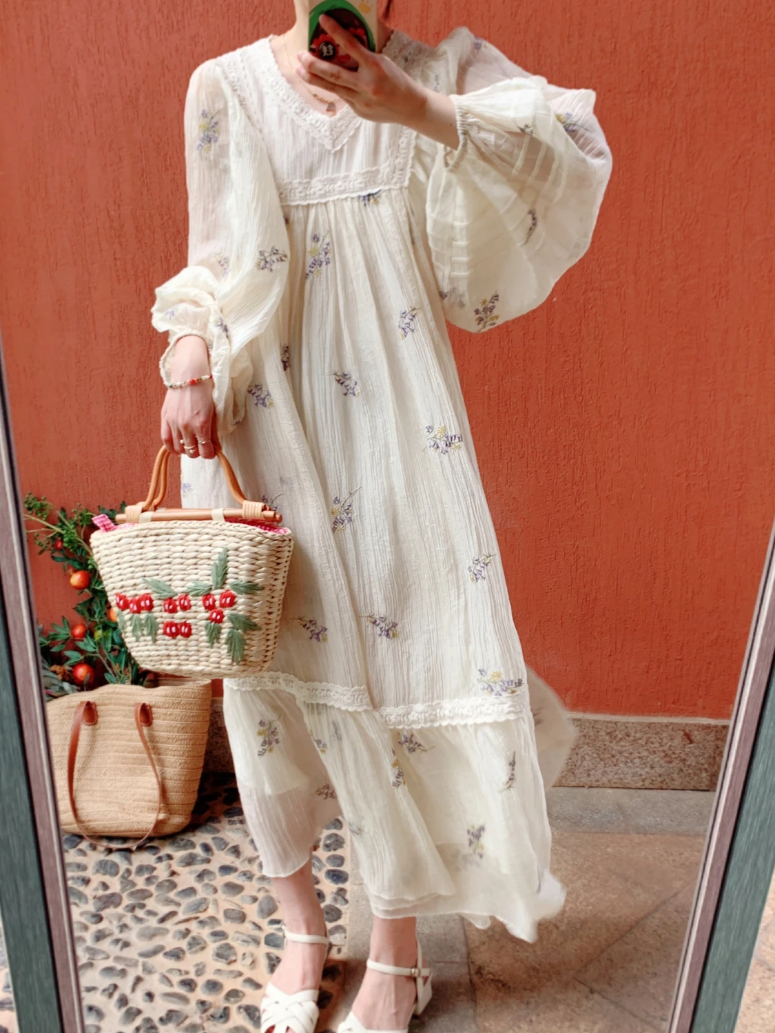 

TIYIHAILEY Spring Autumn Women Ladies Lace Embroidery Dress Full Lantern Sleeve Fashion 2025 New Long Mid-Calf Ladies Loose