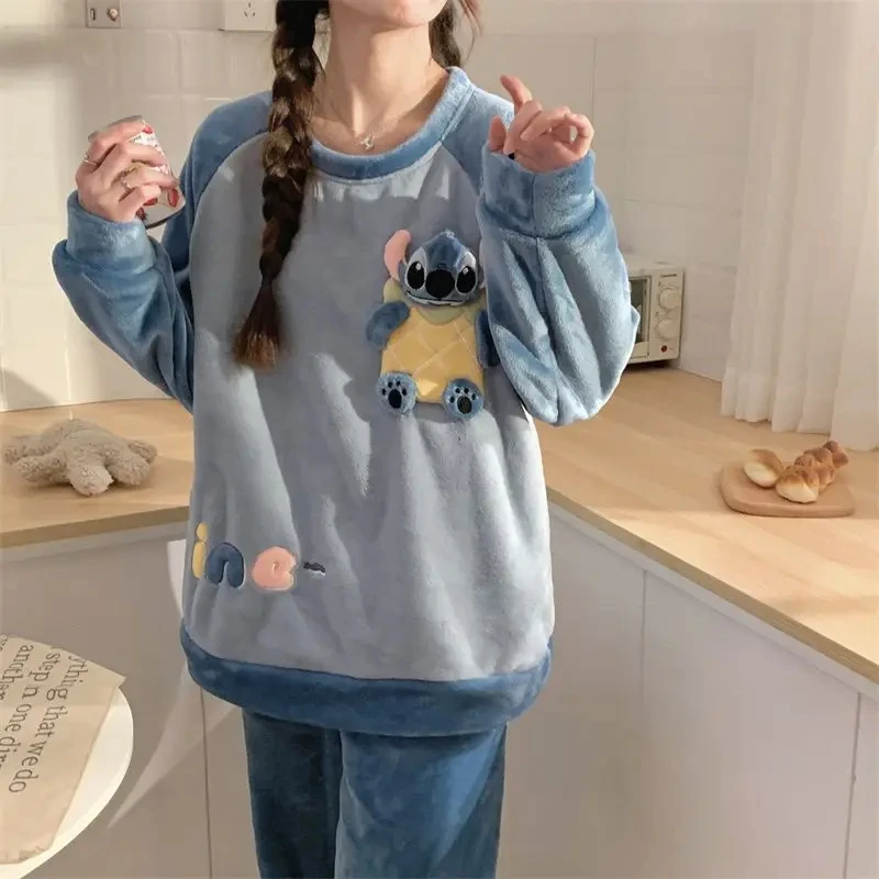 Kawaii Stitch Anime Cartoon Winter Coral Fleece Thicken Pajamas Round Neck Keep Warm Plush Soft Two Piece Set 2024 New Style Hot