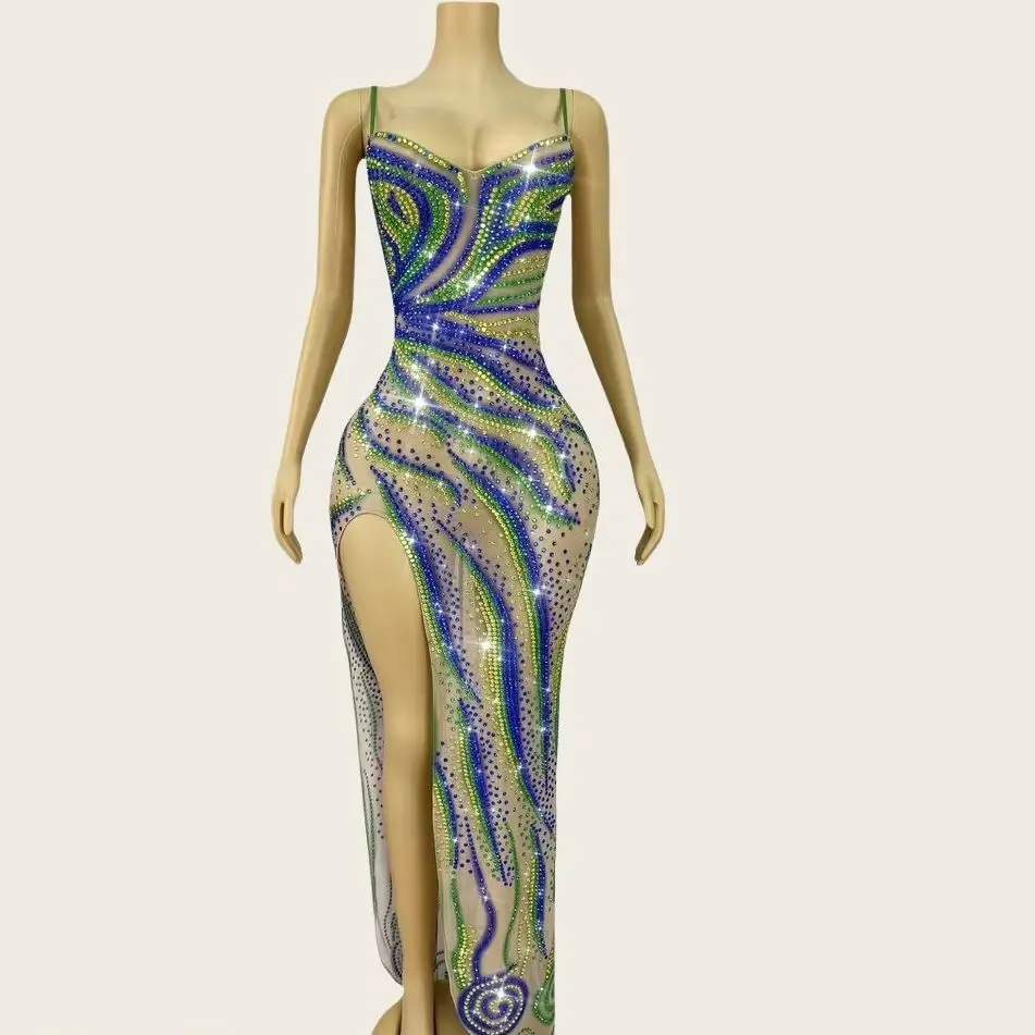 

Lvyinmidi Flashing Rhinestones Sexy High Split Suspenders Prom Dress Evening Party Show Fashion Outfit Red Carpet Stage Costumes