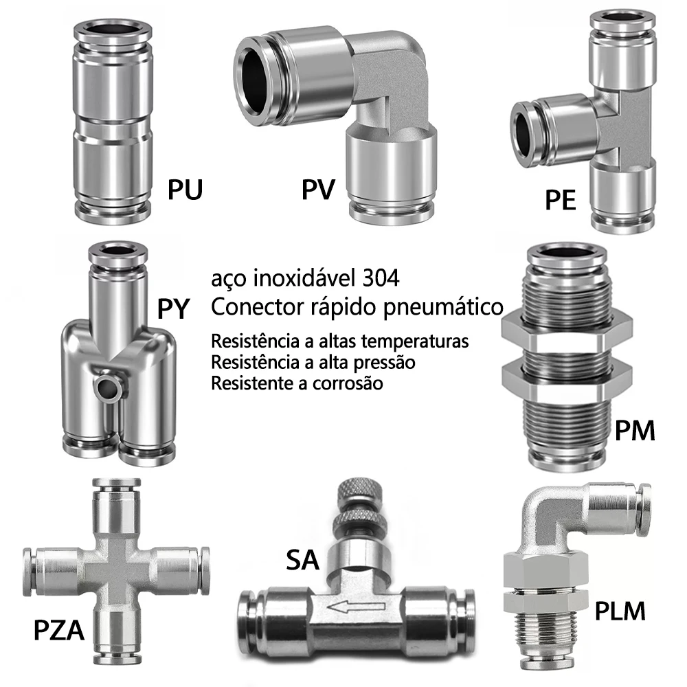 304 mangueira de ar de acoplamento rápido pneumático de aço inoxidável 4 6 8 10 12 14 16mm metal de alta pressão BKC PU PV PE PY SA PM PZA PLM