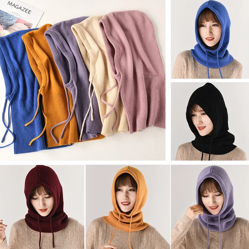 Winter Women Hood Hat Wool Knit Hooded Cap for Woman Winter Neck Warmer Beanie Solid Color Adjustable Balaclava Hat