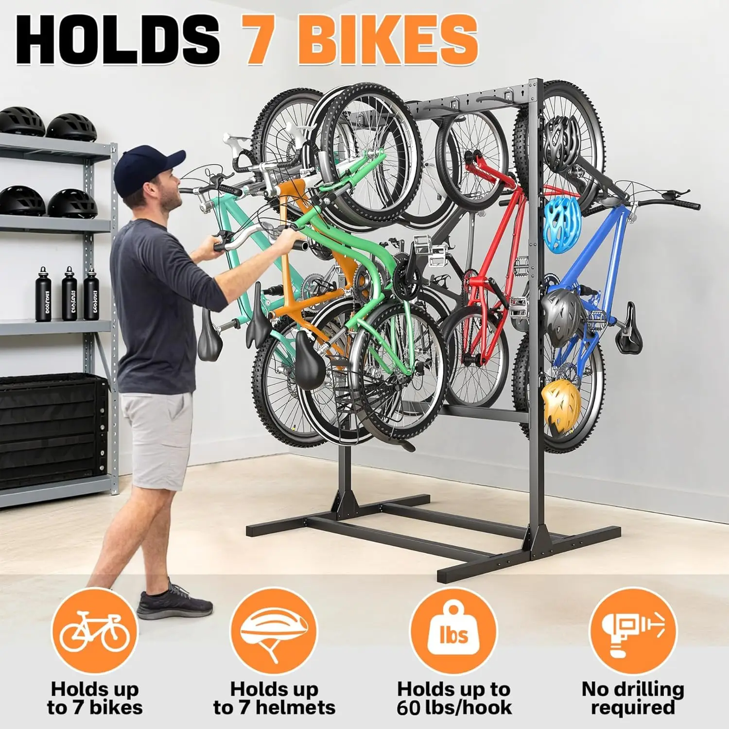 Freestanding bike storage rack for garage, can accommodate 6-7 bicycles and 7 helmets, vertical bike storage rack for floor-stan