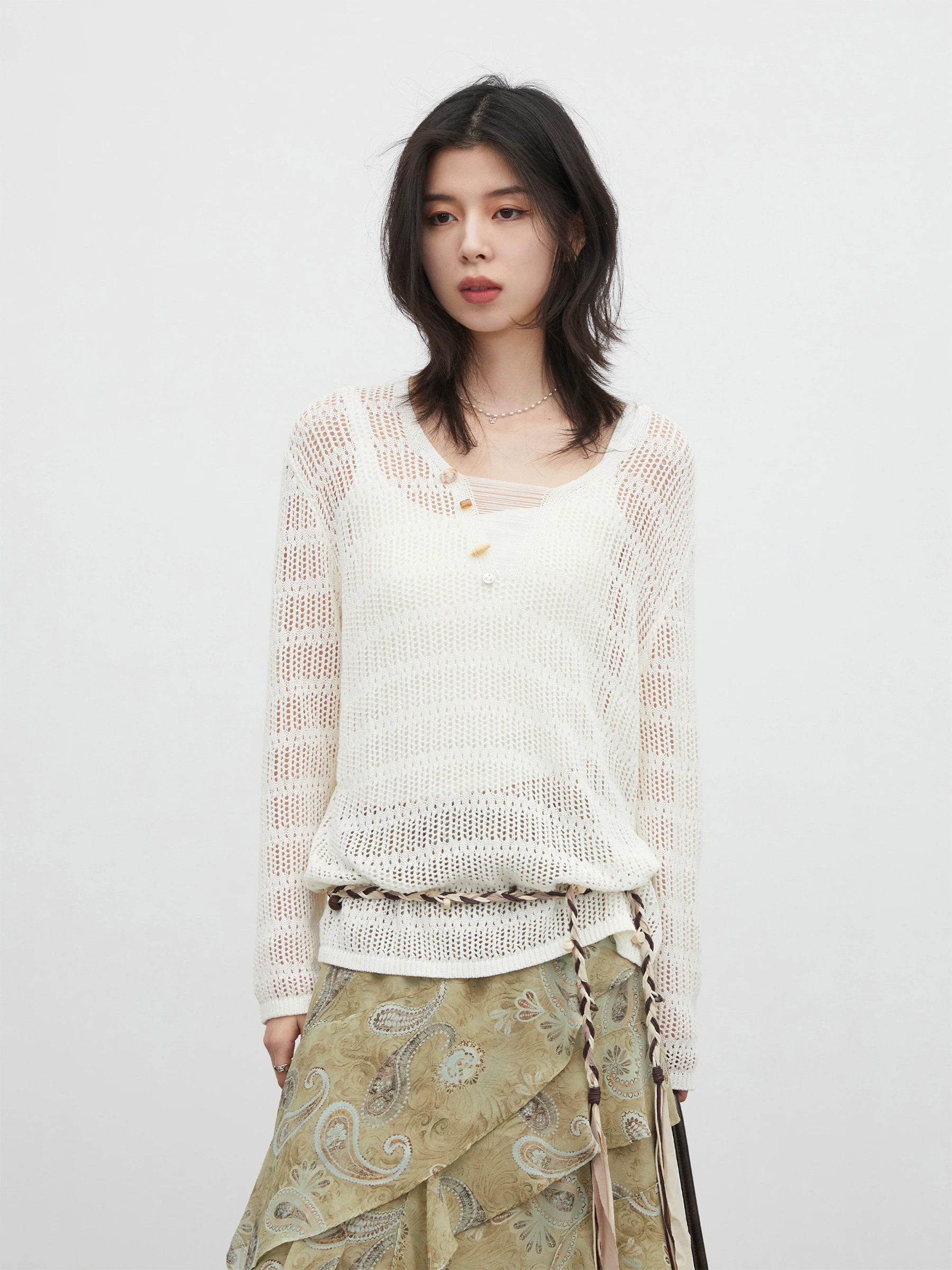 

Spring New Lazy Knitted Long Sve Women's Top Hollow out Sun Protection Cover up Loose Fit Cotton V-Ne Casual T-irt