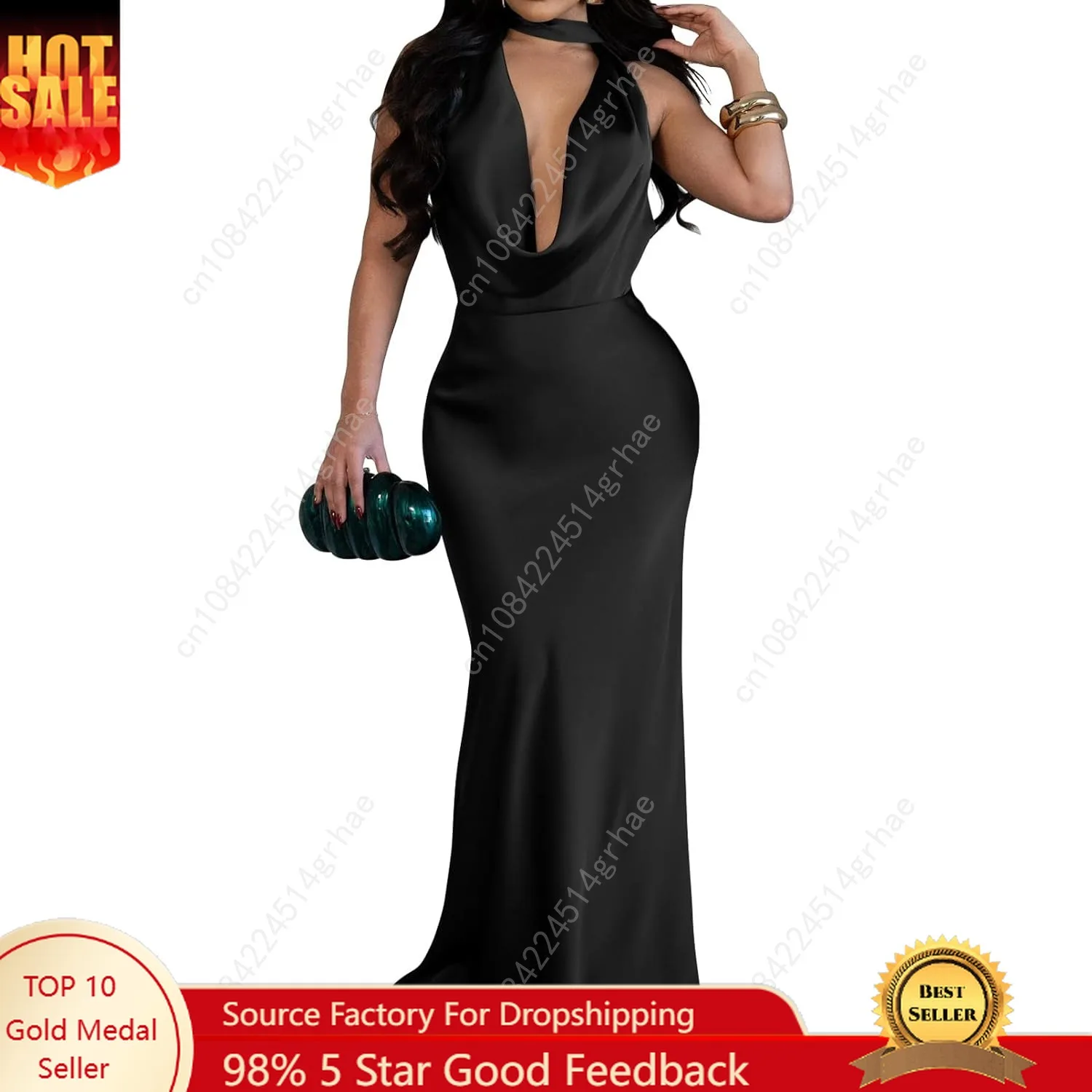 

Women's Deep Cut Cowl Neck Sleeveless Open Back Formal Party Maxi Dress