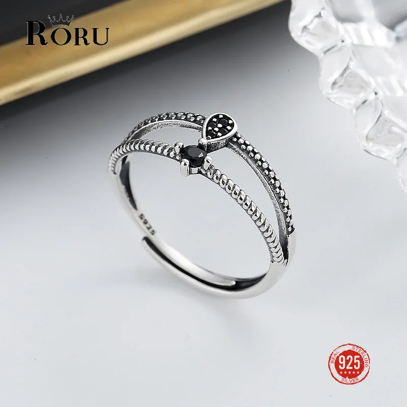 

RORU S925 Sterling Silver Vintage Black Zircon Double-Layer Geometric Finger Ring for Women Man Memorial Day Party Gifts 2022