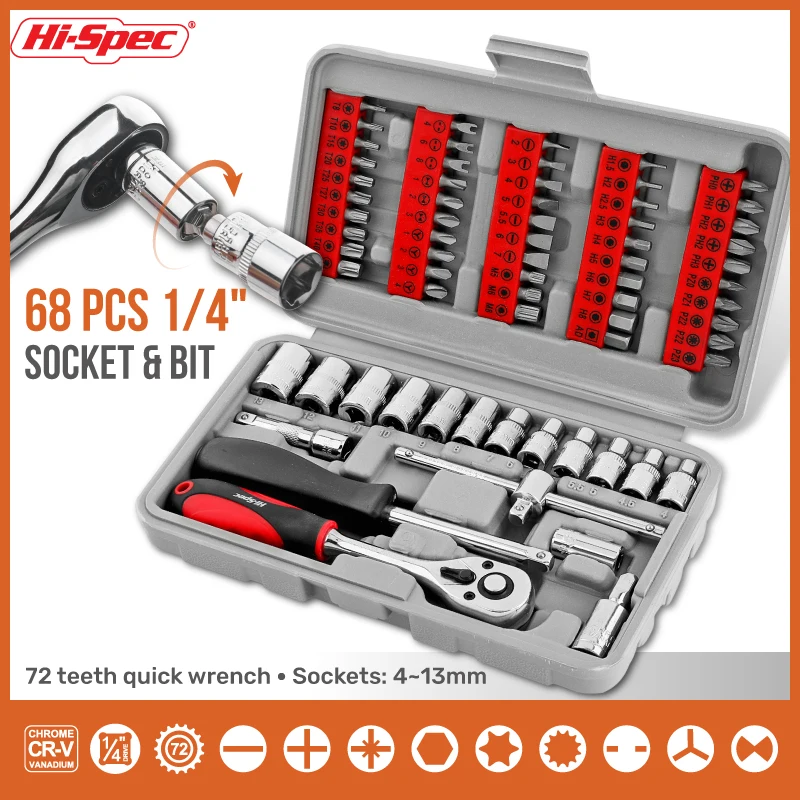 Anti-derramamento Mecânica Tool Set com haste de extensão, Chave Luva, Auto Repair, Adaptador de Conversão, 3/8 "-1/4", 68Pcs