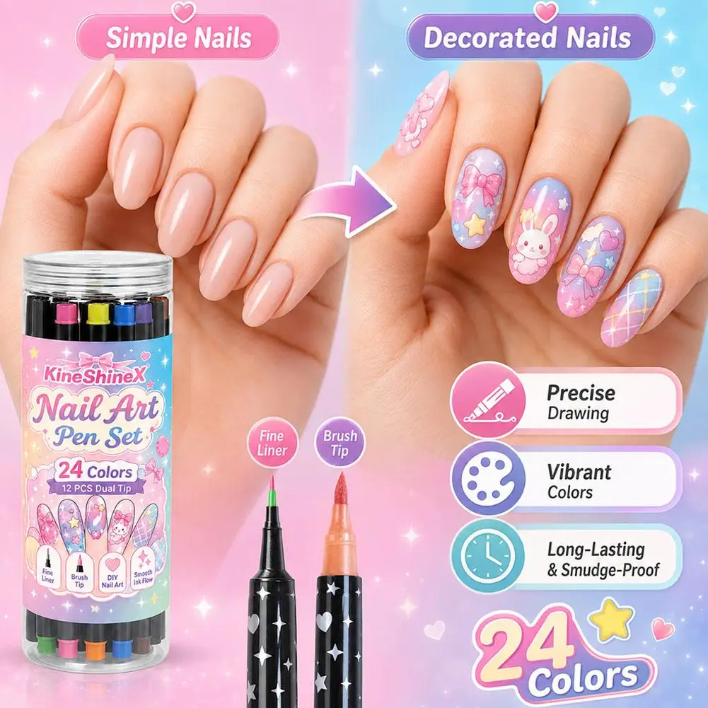 24 Colors/Set Waterproof 3D Nail Art Drawing Pen,DIY Colourful Nail Art Graffiti Pen,Dual-head Manicure Tool Painting Liner Set