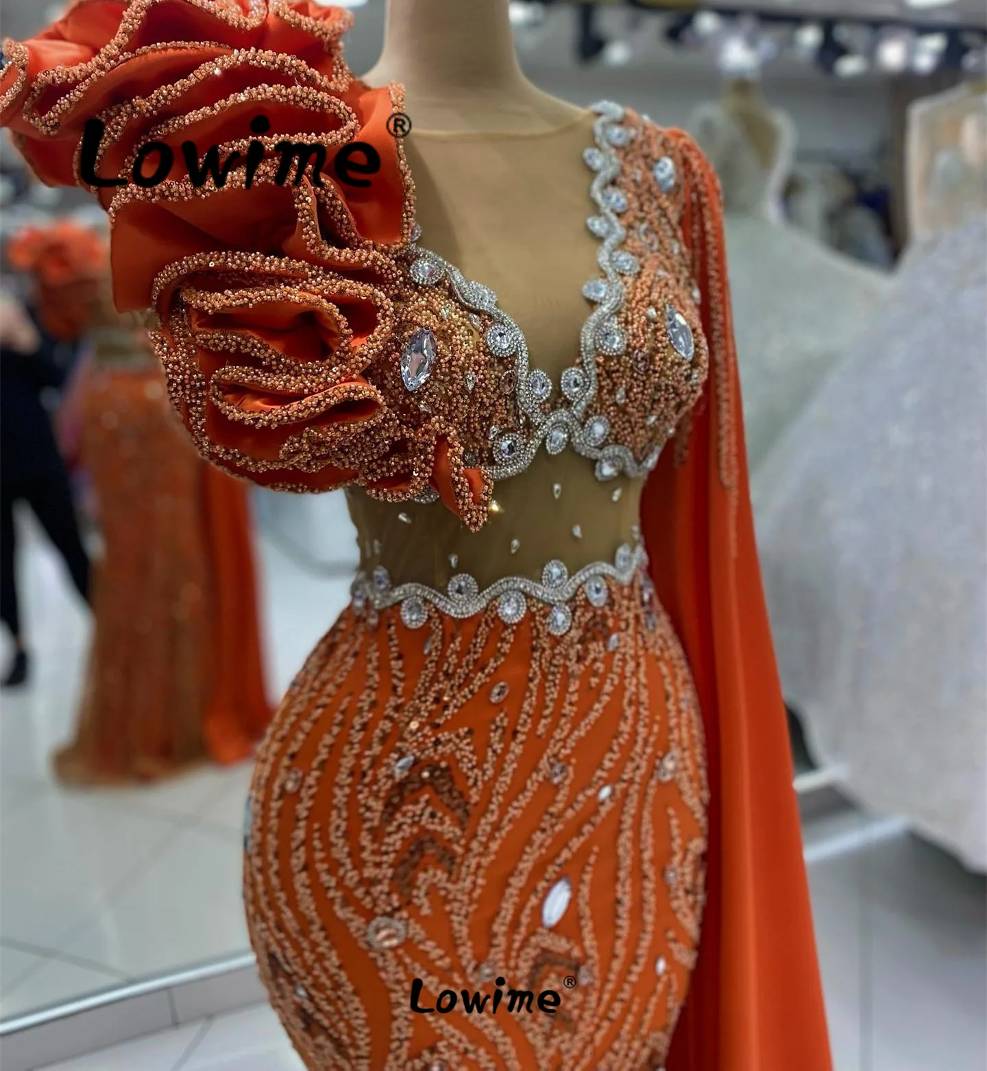 One Shoulder Cape Sleeve Orange Elegant Arabic Evening Dresses 2024 Mermaid Crystals Ruffles Long Prom Dress Wedding Party Dress