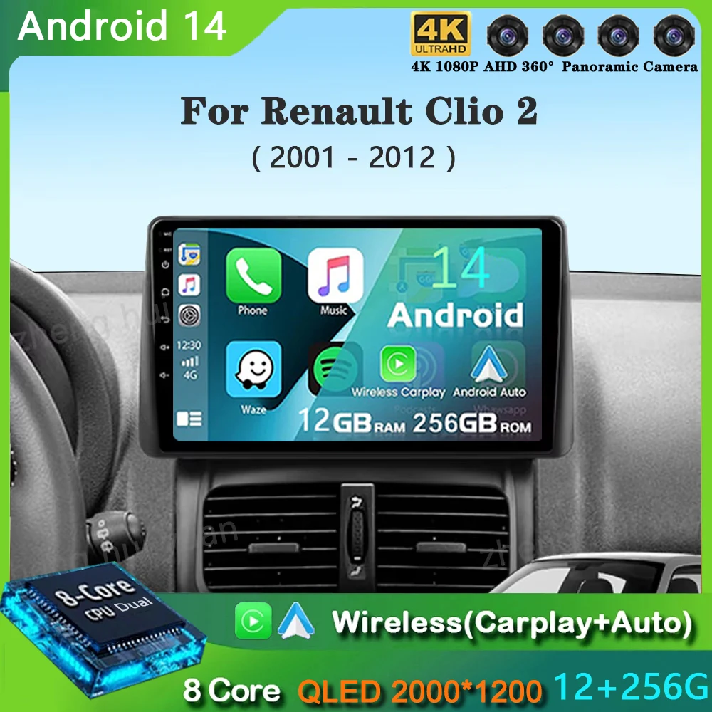 Car Radio Wireless Carplay For Renault Clio 2 BB CB 2001 - 2012 Navigation GPS Android Auto QLED Screen Stereo Android 14