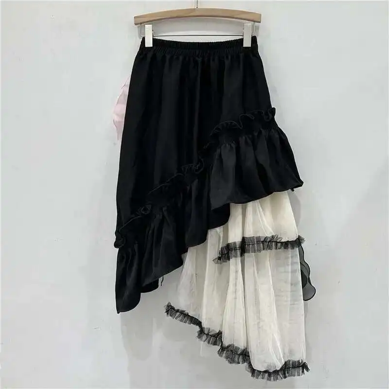 Sweet Fashion Style Mesh Splicing Irregular Contrasting Colors Skirt 3D Flower Design Women Skirts  Autumn New