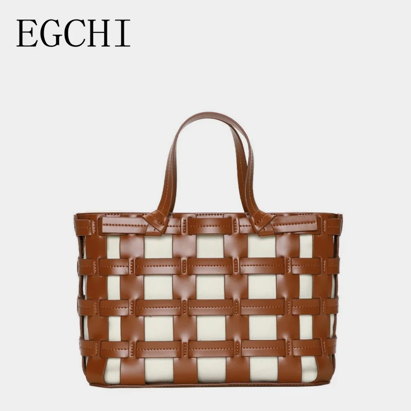 

EGCHI Ins Style Minority Genuine Leather Weave Handbag Korean Chic Casual Portable Vegetable Bucket Bags For Women Hollow Out