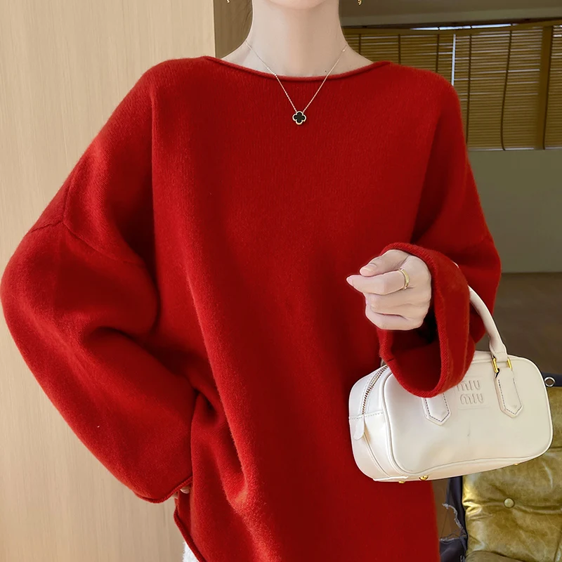 Women\'s pullover autumn/winter 100% wool sweater casual knitted sweater round neck loose Tops Korean version basic long Blouse