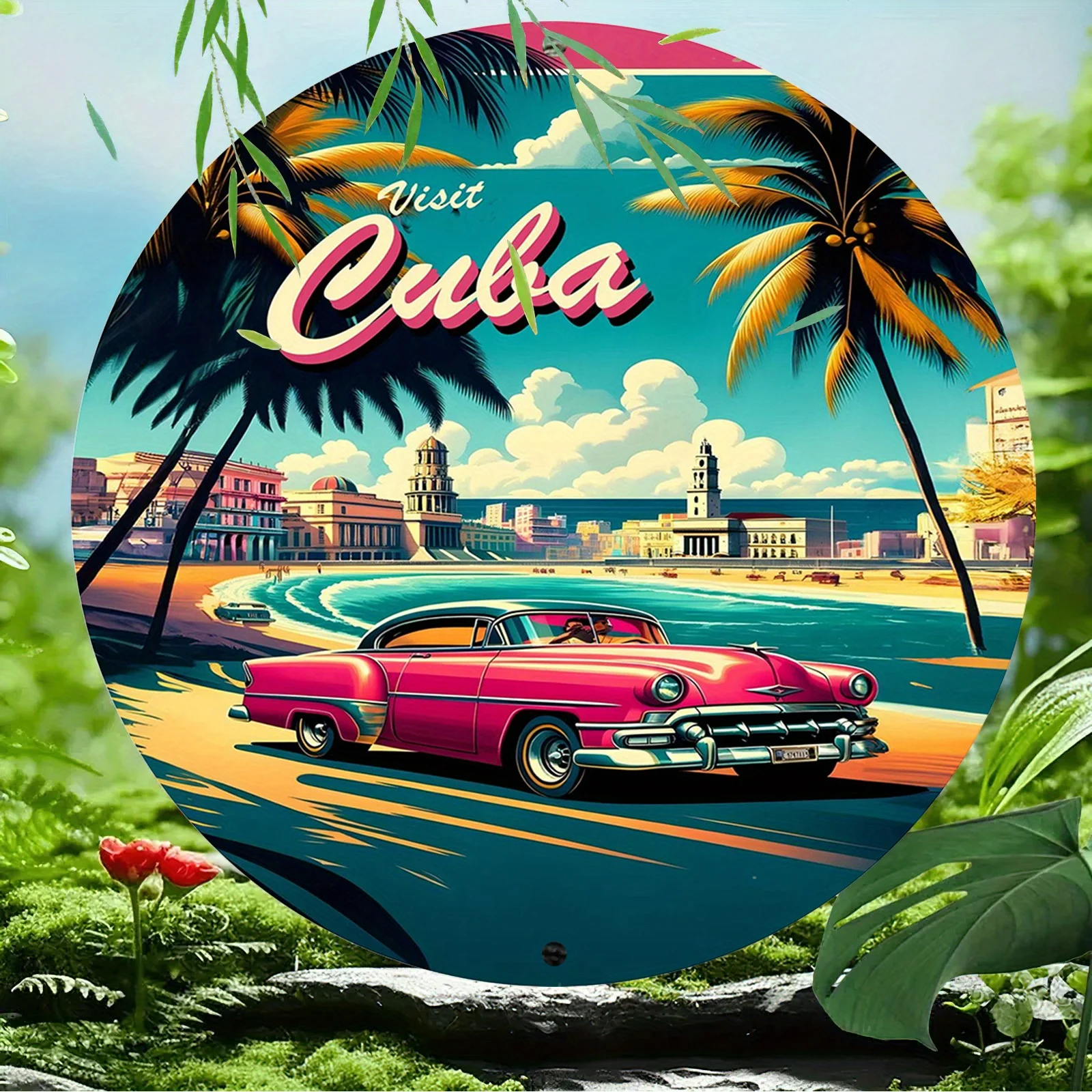 Visit Cuba Vintage Car Aluminum Metal Sign - 8 inch Round Outdoor & Indoor Wall Decor, Tropical Theme Aluminum Wall Art