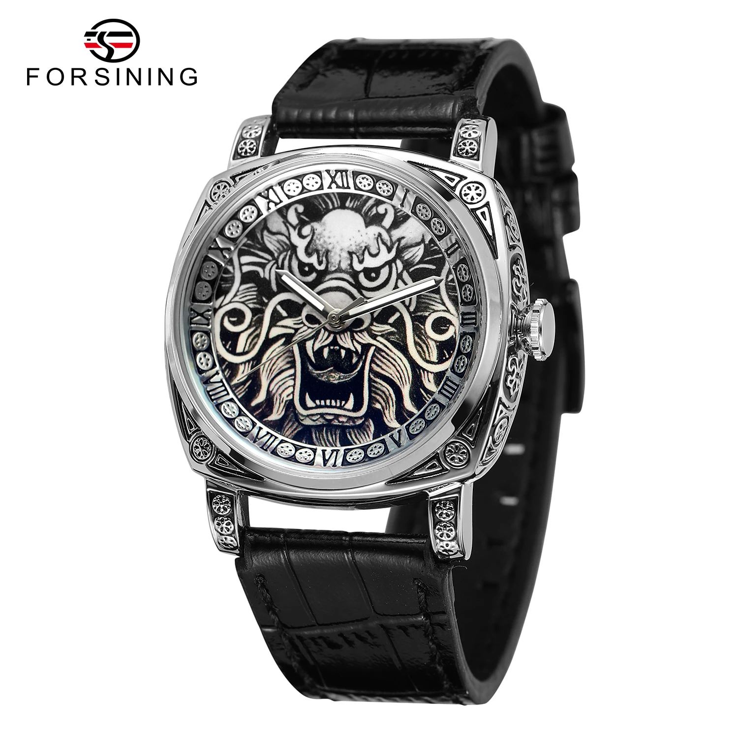 Forsining Top Brand Mechanical Male Wristwatch Square Engraved Vintage Dragon Leather Strap Luminous Hands Men Watch Hotsale