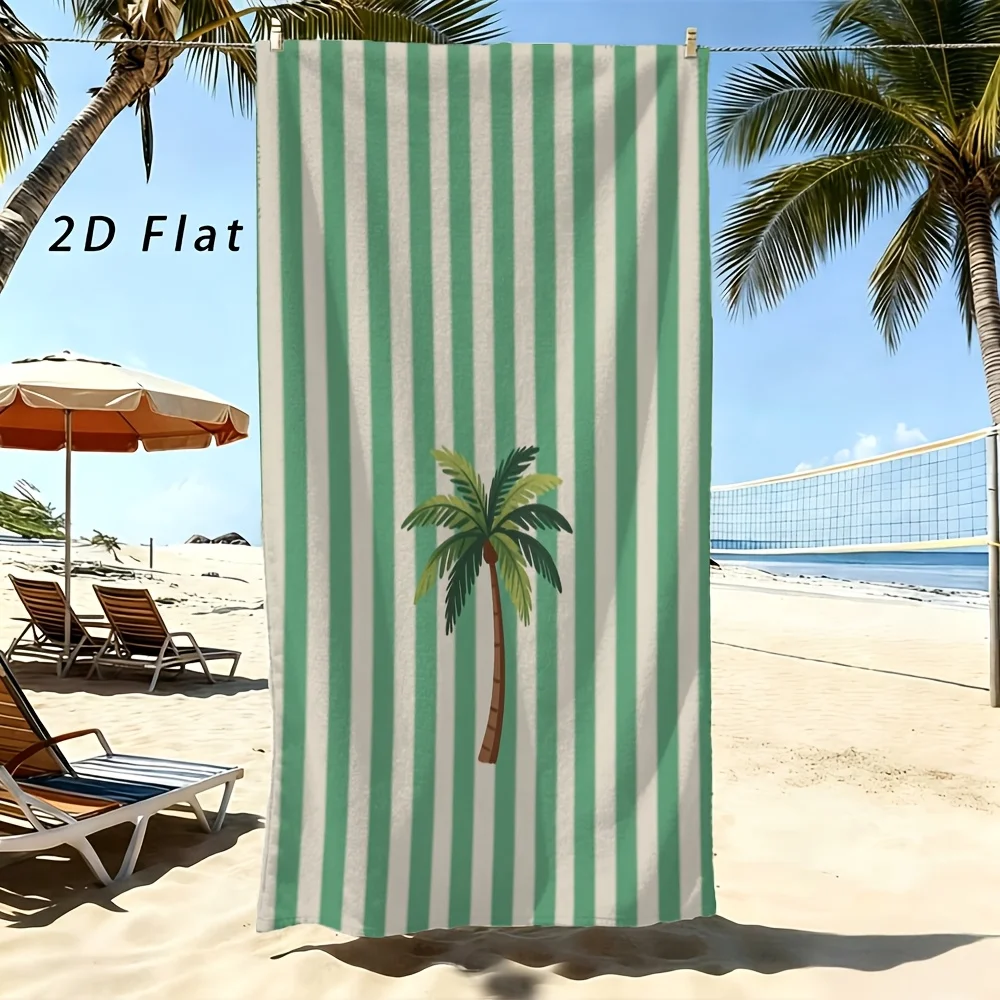 Travel Bath Towel Vertical Green White Stripe Coconut Palm Print Soft Towel for Seaside Swimming Activity