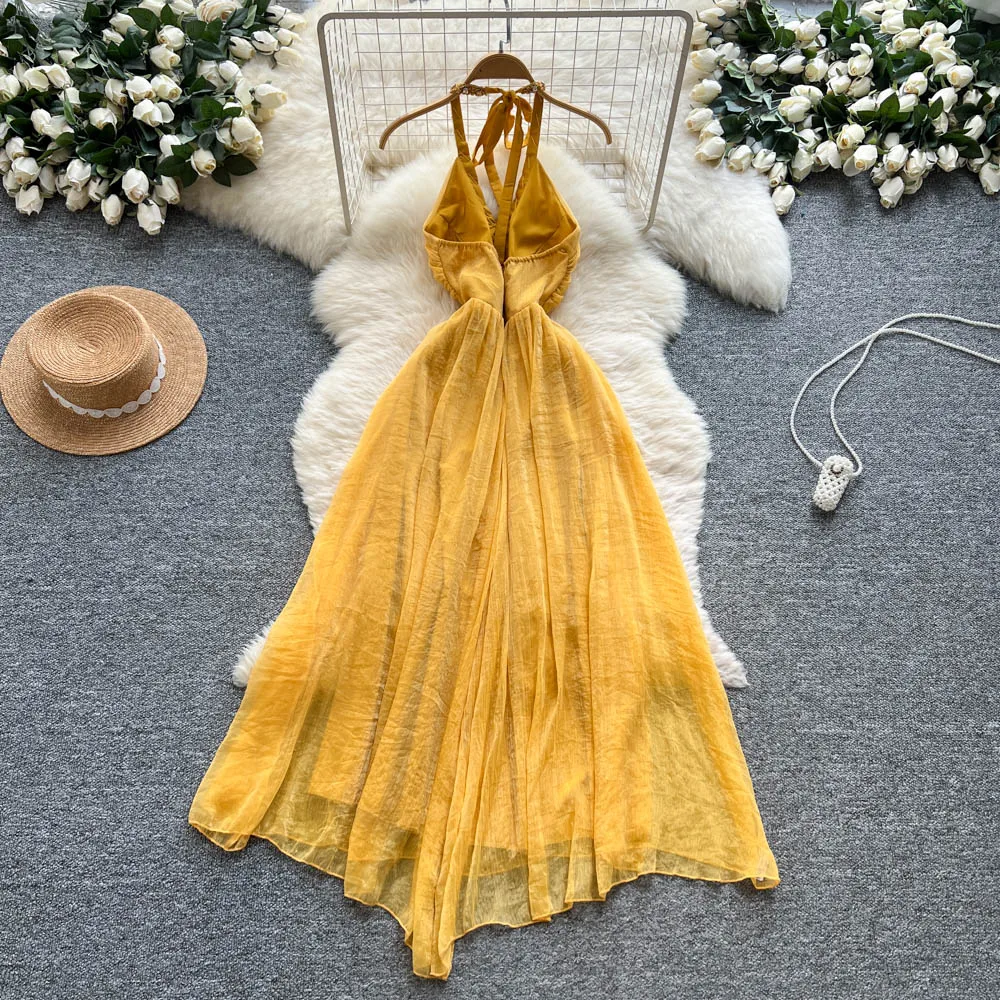 Chic vintage V-neck chiffon sleeveless dress Elegant Fairy korean fashion Boho Sundress women clothing