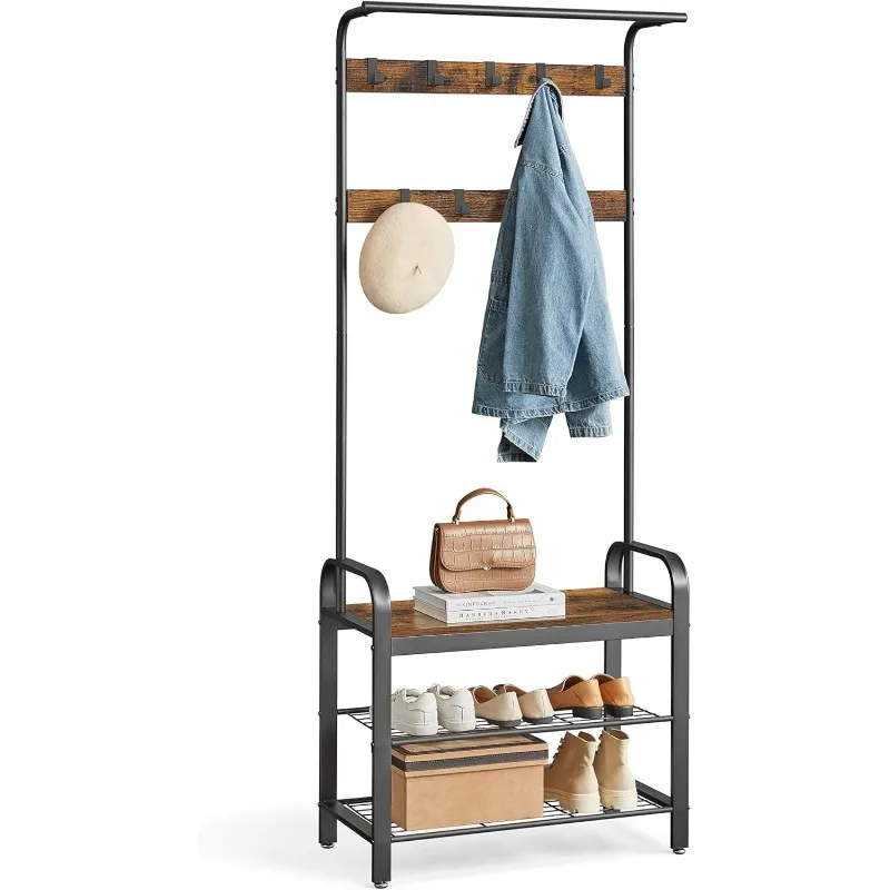 Coat Rack, Hall Tree with Shoe Bench for Entryway, Entryway Bench with Coat Rack, 4-in-1, with 9 Removable Hooks, a Hanging