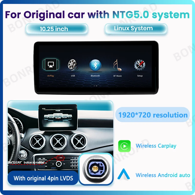 BONROAD 10.25 inch 1920*720 Auto Multimedia Draadloze CarPlay Android Auto GPS Radio Touchscreen voor Mercedes Benz A-Klasse GLA CLA W176 X156 C117 NTG 4.5 5.0 Airplay Autolink Mirroring Autostereo