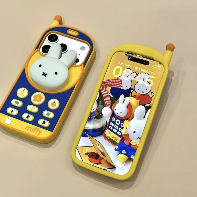 Милый ретро-чехол для телефона в форме кирпича Miffy для iPhone 17, 16, 15, 14, силиконовый, в форме старинного телефона, ударопрочный защитный чехол.
